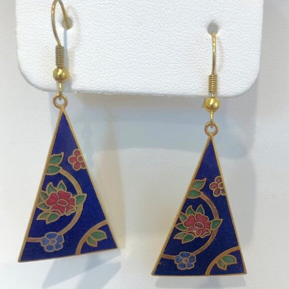Triangle Floral Blue Dangle Earrings. - Picture 1 of 10